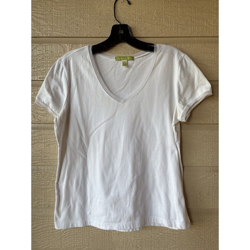 Sigrid Olsen womens White 100% Cotton Knit V Neck T Shirt Top size Small